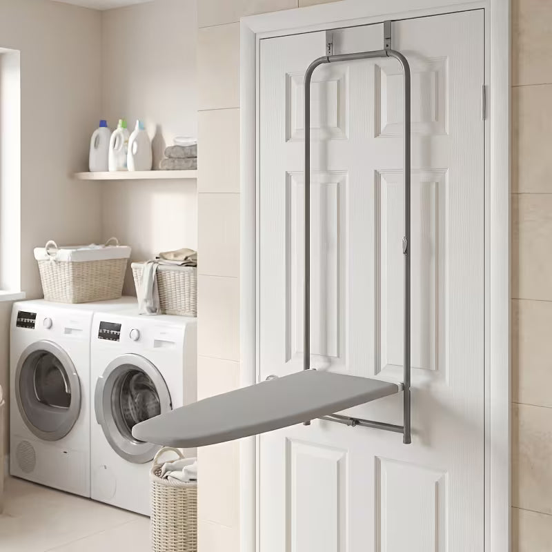 Over-the-Door Hanging Foldable Ironing Board with Iron Rest