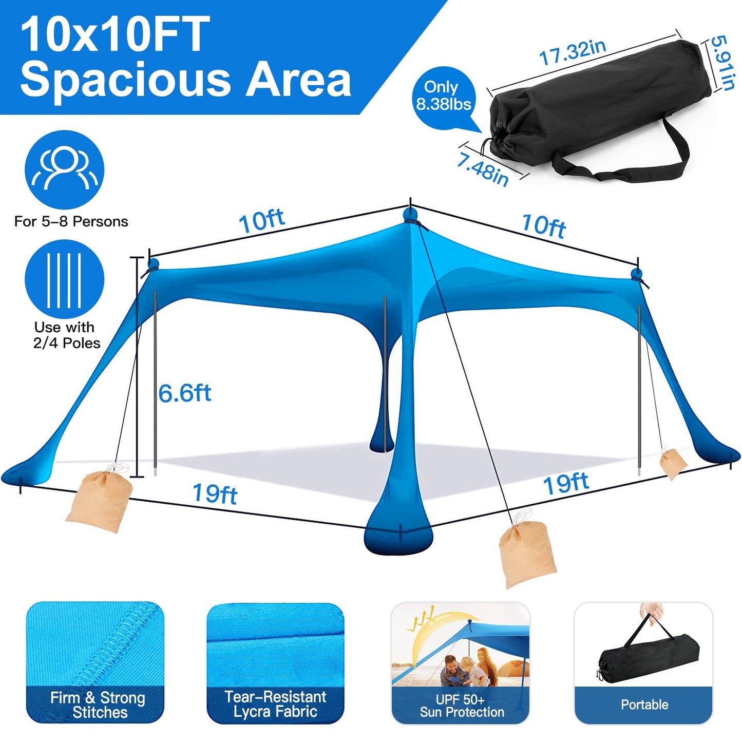1Pc 5-8 Person Beach Tent Sun Shelter Canopy 10x10x6.6ft With Sandbag Foldable Poles Carry Bag UPF50 For Camping Trip Fishing Picnic Fedex Shipping