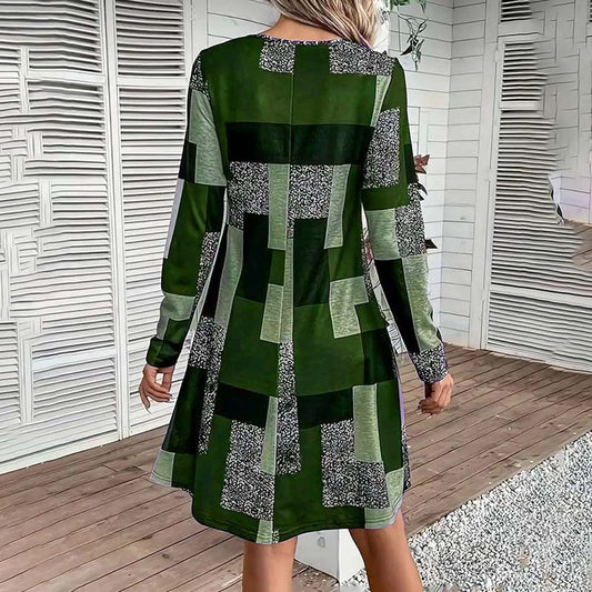 Women's Round Neck Long Sleeve Dress - Digital Print Casual Elegant Spring & Fall Dress