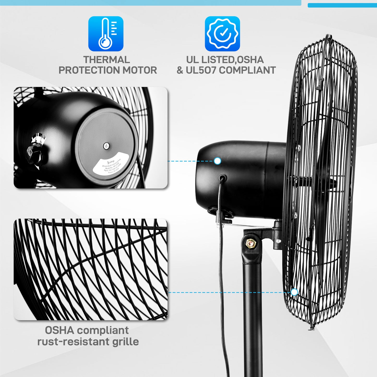 US MFJ-E50 Electric Fan, 20 Inches, Three-leaf Aluminum Fan, Industrial Floor Fan