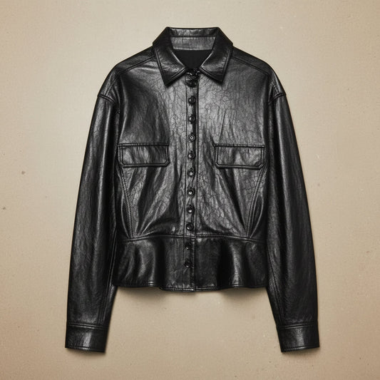 Crinkle Faux Leather Shirt Jacket with Peplum Hem