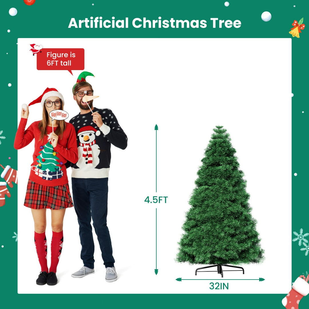 Pre-lit Artificial Christmas Tree, Prelighted Green Artificial Hinged Spruce Xmas Tree With 347 Branch Tips, 120 Incandescent Lights