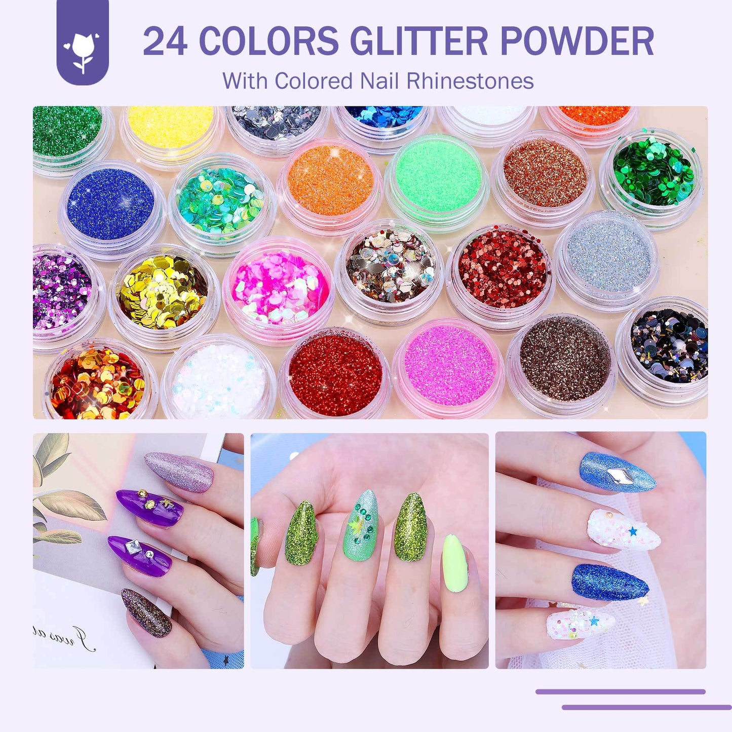 Professional 24 Color Glitter Acrylic Nail Powder And Liquid Monomer Set