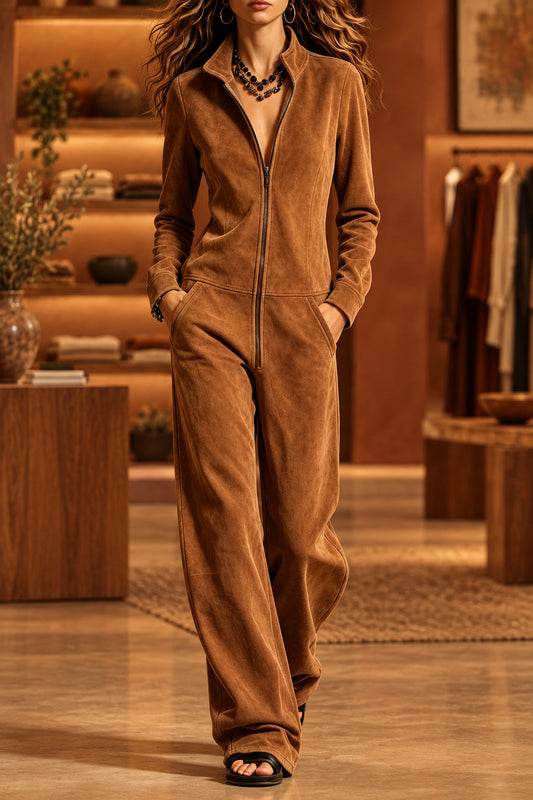 Women's Suede-Look Zip-Front Wide-Leg Jumpsuit