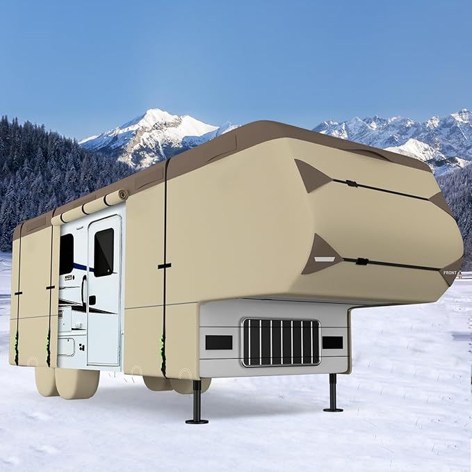 5th Wheel RV Cover Waterproof Camper Cover With 4 Trailer Tire Covers, Tongue Jack Cover, Gutter Cover And Extra Windproof Ropes, 7 Layers Top 3 Layers Side