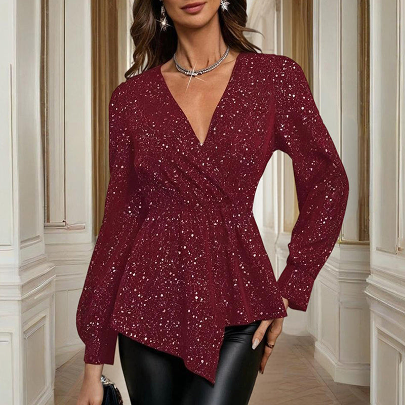 Women's Asymmetrical Hem Solid Color V-Neck Long Sleeve Blouse - Stylish Casual Flash Top For Spring&Fall