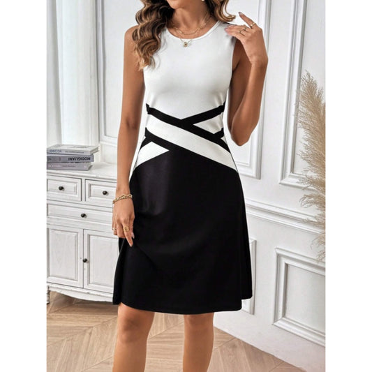 Womens Sleeveless Mini Dress Summer Black White Color Block Crewneck Casual Loose Tank Dresses
