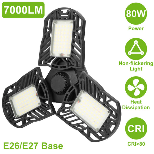 LED Garage Light E26 E27 80W 7000LM 6500K Garage Ceiling Light Deformable Workshop Lamp Die Cast Aluminum LED Ceiling Light Bulbs With 3 Adjustable Panels For Barn Shop Warehouse Workshop C