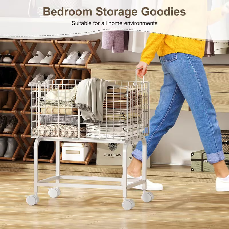 Wire Laundry Hamper Trolley Cart with Pull Handle