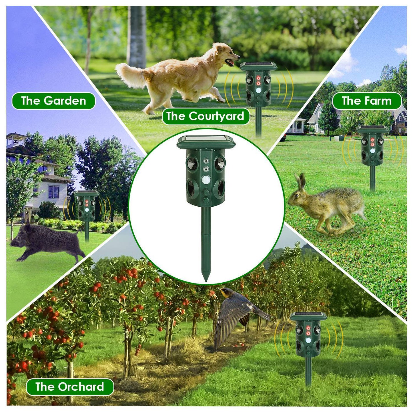 Solar Ultrasonic Animal Repeller Solar Powered Animal Repellent Chaser With PIR Motion Sensor IP54 Waterproof Sound Flashing Light For Deer Raccoon Squirrel Mice Snakes Cat Dog
