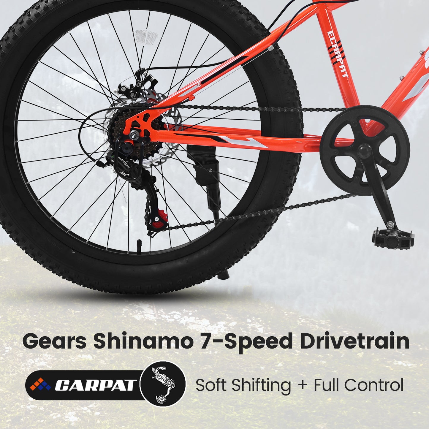 S24109 24 Inch Fat Tire Bike Adult-Youth Full Shimano 7 Speeds Mountain Bike, Dual Disc Brake, High-Carbon Steel Frame, Front Suspension, Mountain Trail Bike, Urban Commuter City Bicycle