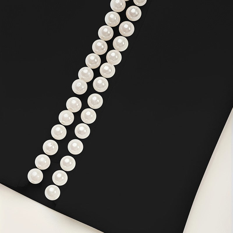 Women's Solid Color Pearl-Embellished Round Neck Dress - Elegant Back Zipper & Slit Sleeve Formal Dress