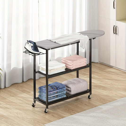 3-Layer Ironing Board Cart with Shelves and Rolling Wheels