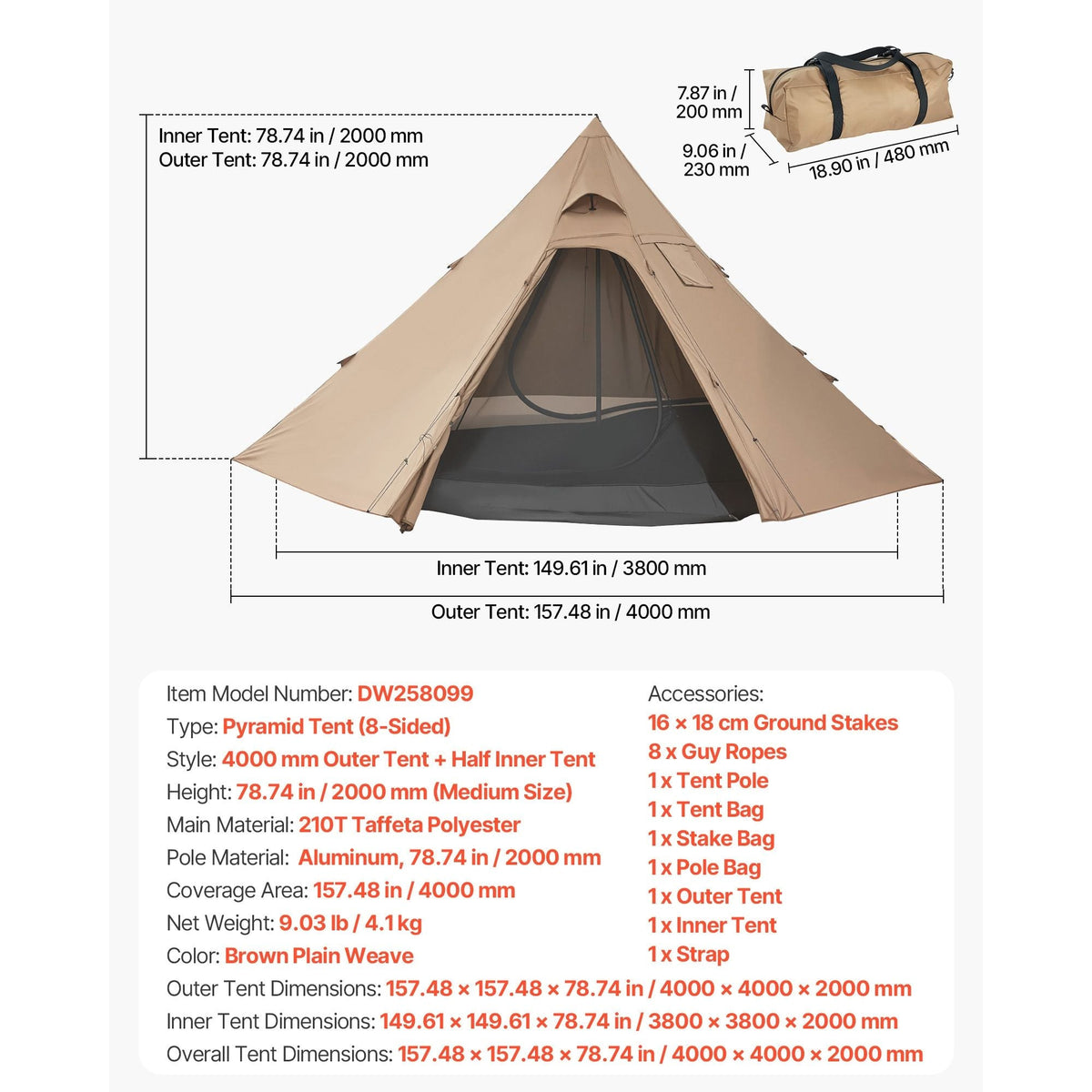Polyester 4-Person Camping Tipi Hot Tent with Stove Jack and Inner Tent
