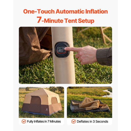 Inflatable 8-Person Cabin Camping Tent with Rechargeable Pump