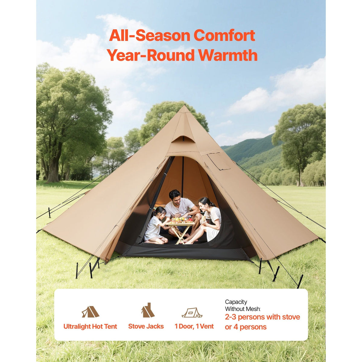 Polyester 4-Person Camping Tipi Hot Tent with Stove Jack and Inner Tent