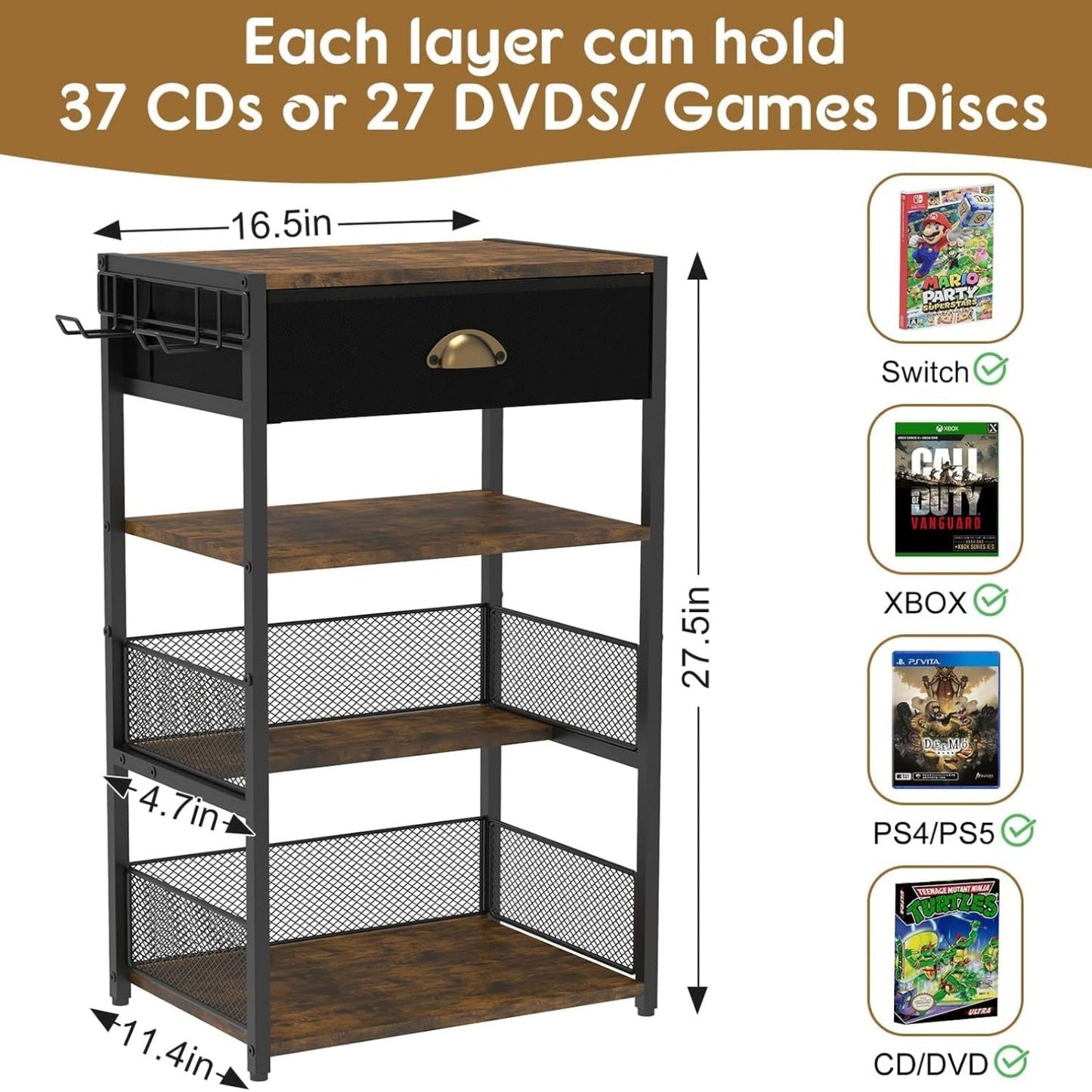 4-Tier Media Storage Tower with Drawer, Console Stand for PS5/Xbox/Switch