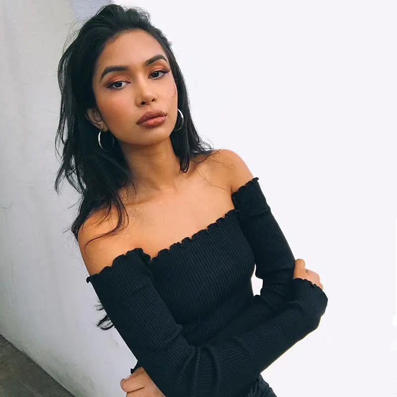 Off-Shoulder Long Sleeve Women's T-Shirt