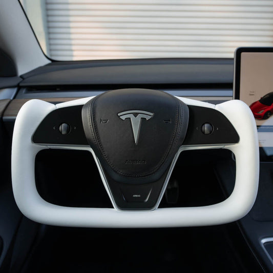 L Yoke Plaid Steering Wheel for Tesla Model 3 / Y【White Leather】