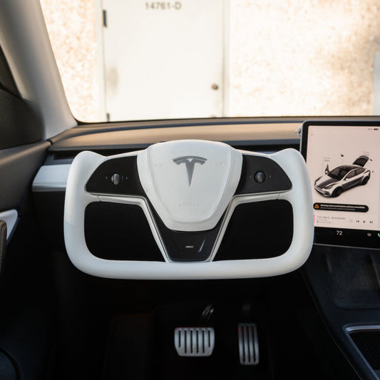 L Yoke Plaid Steering Wheel for Tesla Model 3 / Y【White Leather】