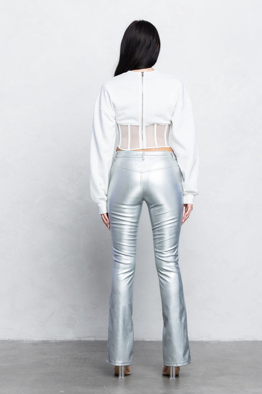 V-Cut Pleather Boot-Cut Pants | Low Rise Trendy Zipper Detail Pants
