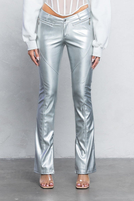 V-Cut Pleather Boot-Cut Pants | Low Rise Trendy Zipper Detail Pants